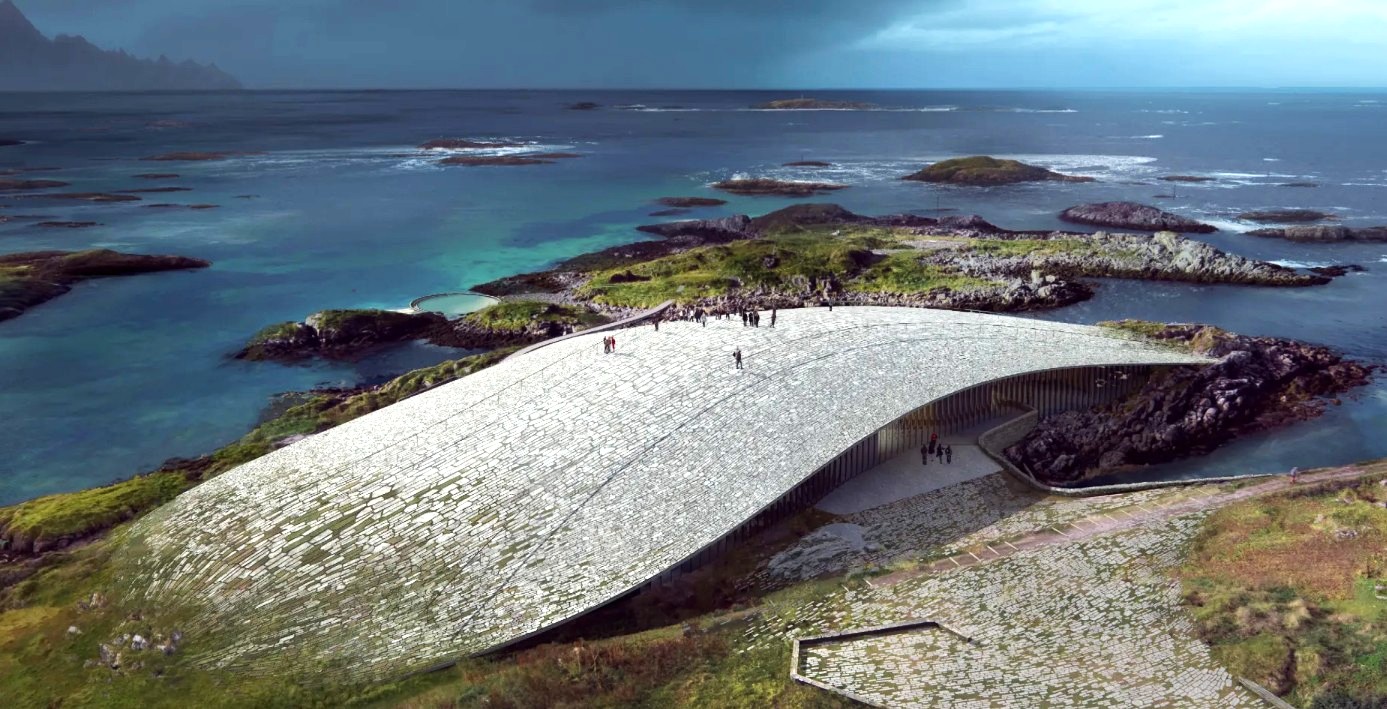 På bilden ser vi det spektakulära valmuseet The Whale i Andenes i Vesterålen.
