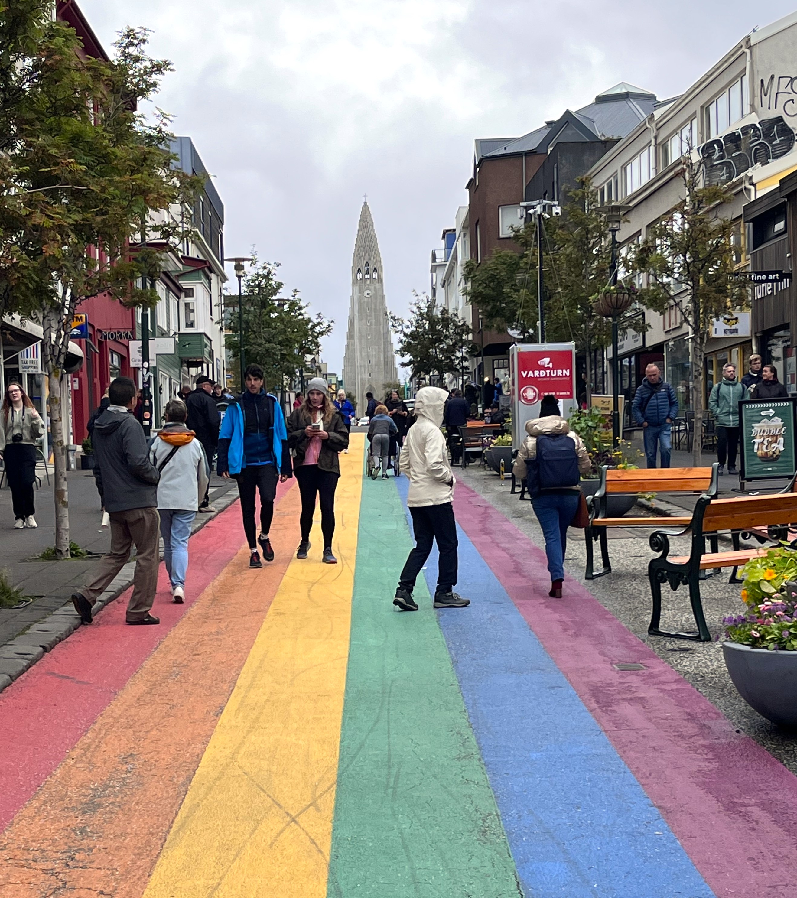 På bilden ser vi en fägrglad gata i Reykjavik på Island